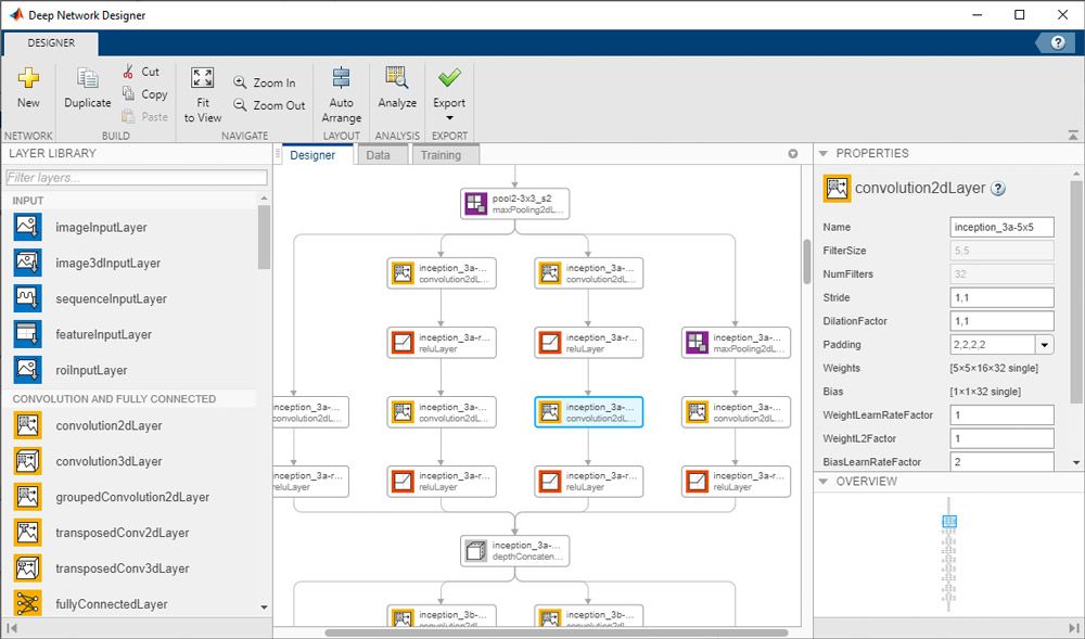 Deep Network Designer app, for interactively building, visualizing, and editing deep learning networks.